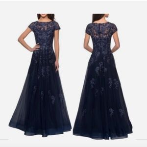NEW La Femme Embellished Mesh A-Line Gown  Navy Size 14